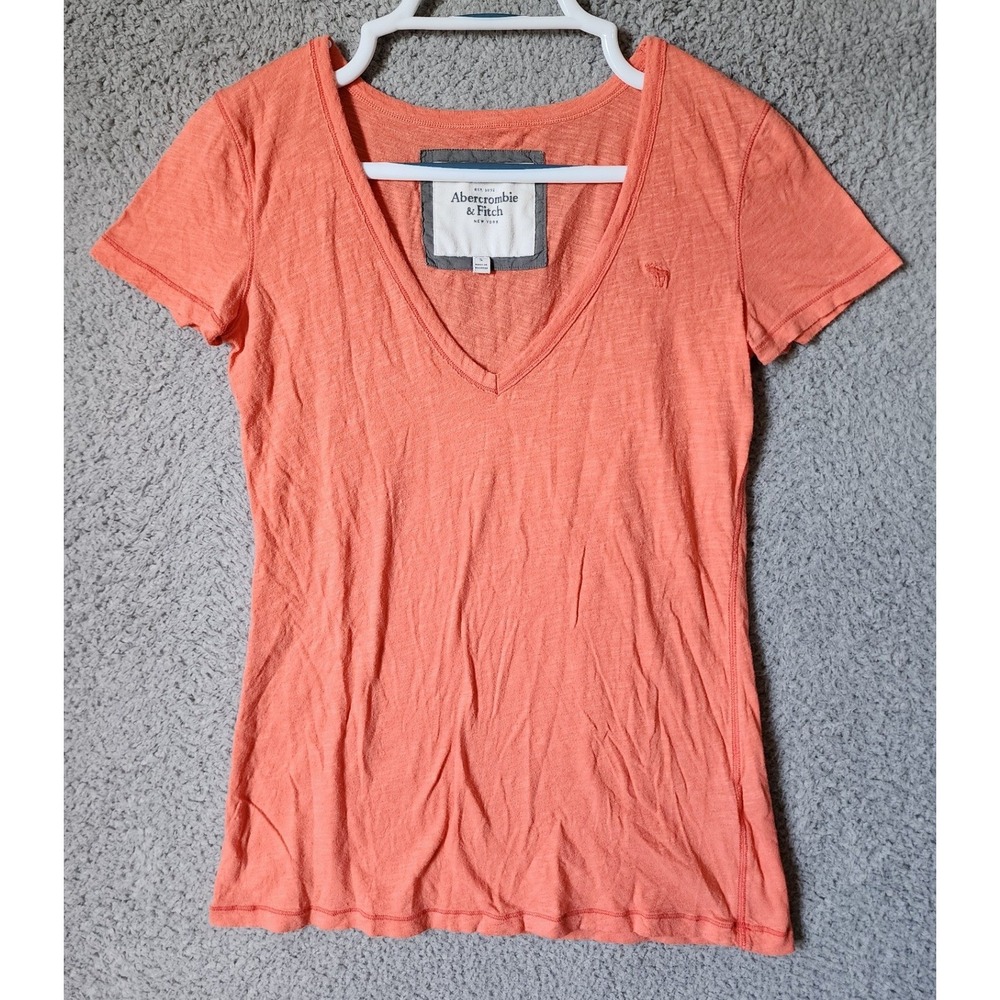 Vtg Y2K Abercrombie & Fitch T-Shirt Women Small Coral Deep V-Neck Short Sleeve